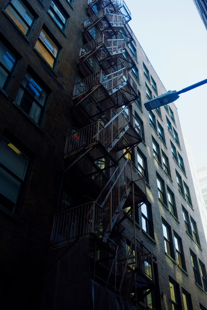 Exterior fire escape on a brick building